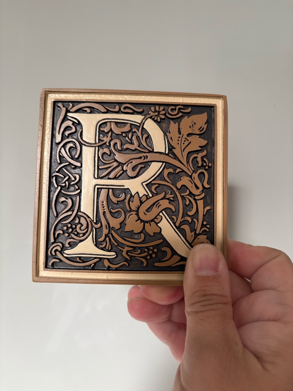 Decorative Square coaster with Ornate 'R' Monogram - Gold & Black 4”x4”